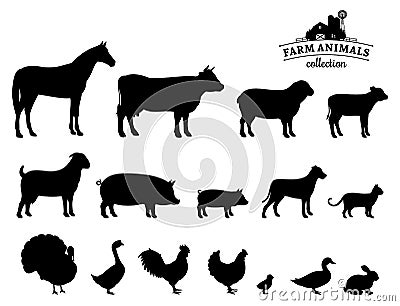 Vector Farm Animals Silhouettes Isolated on White Vector Illustration