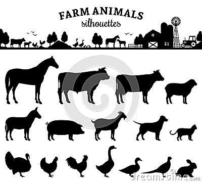 Vector Farm Animals Silhouettes on White Vector Illustration