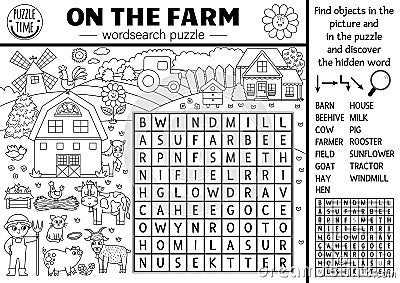 Vector on the farm black and white wordsearch puzzle for kids. Simple farm word search line quiz with country landscape. Activity Vector Illustration