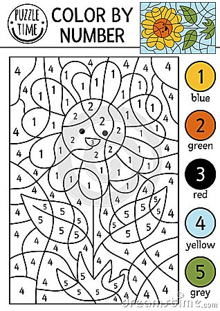 Vector on the farm color by number activity with sundlower. Rural country scene black and white counting game with cute yellow sun Vector Illustration