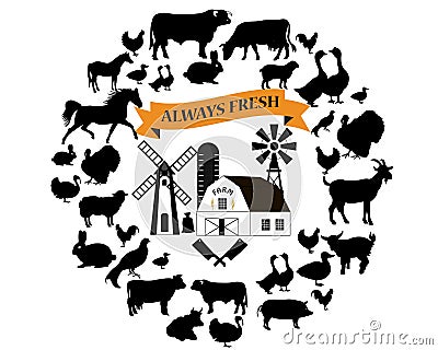 Vector farm and farming icons and design elements. Farm animals collection. Vector Illustration