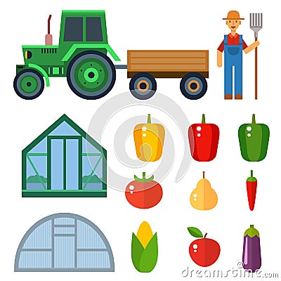 Vector farm harvesting equipment for agriculture and horticulture farmer man with hand tools Vector Illustration
