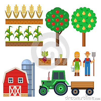 Vector farm harvesting equipment for agriculture and horticulture farming natural fruits and hand tools Vector Illustration