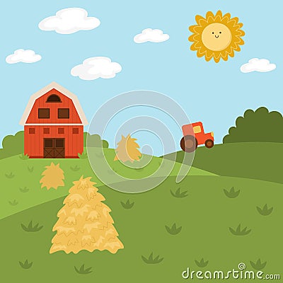Vector farm landscape illustration. Rural village scene with barn, tractor, hay stack. Cute spring or summer square nature Vector Illustration