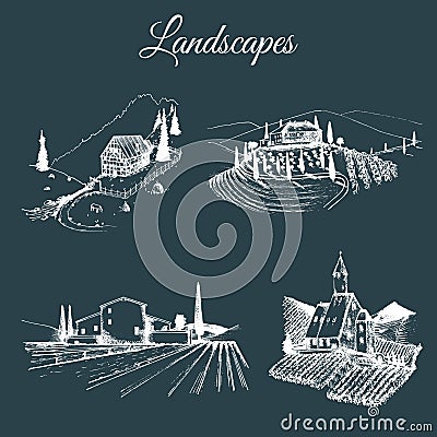 Vector farm landscapes illustrations set. Sketches of villa, vineyard, abbey,agricultural homestead in mountains,fields. Vector Illustration