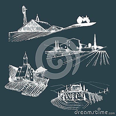 Vector farm landscapes illustrations set. Sketches of villa, vineyard, abbey, agricultural homestead in mountains,hills. Vector Illustration