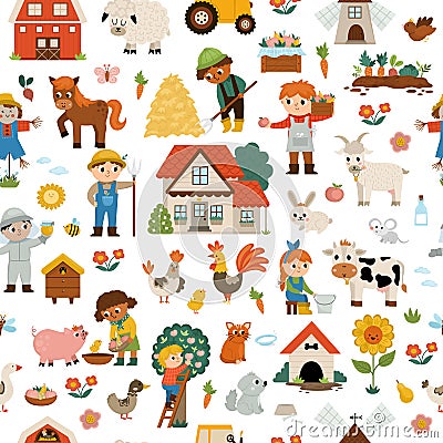 Vector farm seamless pattern. Rural countryside repeat background with funny farmers, barn, country house, animals, birds, tractor Vector Illustration