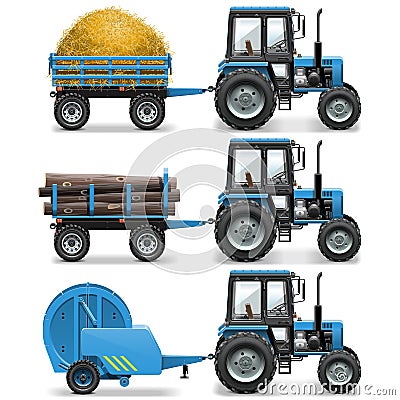 Vector Farm Tractor with Baler and Trolley Vector Illustration