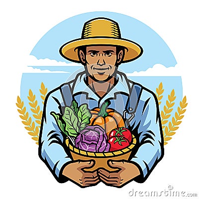 Farmer holding a basket full of vegetables Vector Illustration