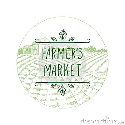 Vector Farmers Market Badge Icon, Hand Drawn Farm Field and Doodle Frame with Handwritten Text. Vector Illustration