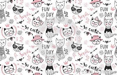 Vector fashion cat seamless pattern. Cute kitten illustration in Vector Illustration