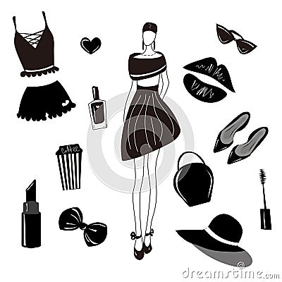 Vector fashion collection,set. Girls stylish accessory, cosmetic, woman stuff. Dress, bag,lipstick,sunglass,hat, underwear, hair a Vector Illustration