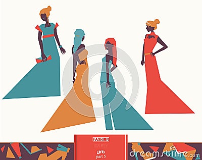 Vector fashion girls in different evening dresses apparel, various poses and accesories. Bright illustration for vogue and fashion Cartoon Illustration