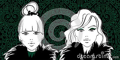 Vector Fashion girls. Woman face. Beautiful ladies. Cute and you Vector Illustration