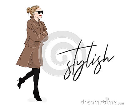 Vector fashion illustration: girl in beige coat and sunglasses. Spring Autumn model drawing poster. Magazine stulish Vector Illustration