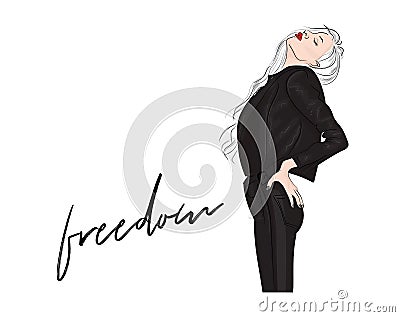 Vector fashion illustration. Glamour blonde woman with red lips in leather jacket and pants. Magazine sketch print. 2018 outfit Vector Illustration