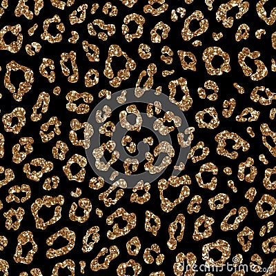 Fashion seamless pattern with gold glitter leopard fur. Sparkle animal skin on black background Vector Illustration