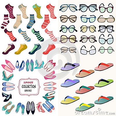 Summer accessories collection Sunglasses, socks, shoes i Vector Illustration