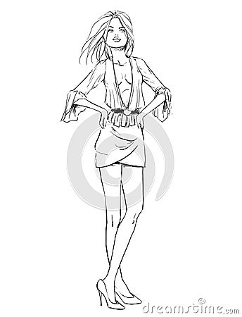 Vector fashion sketch of girl on white background Vector Illustration