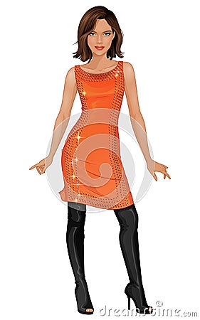 Vector fashion young woman in orange dress and black over-knee high heel boots Vector Illustration