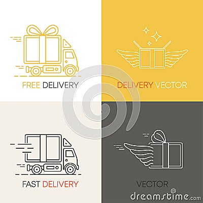 Vector fast delivery service logo design elements in linear style. Set of flat trucks and the parcels ship in boxes of Vector Illustration