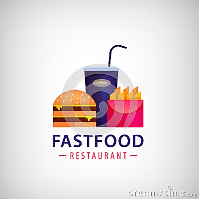 Vector fastfood restaurant, cafe colorful logo. Burger, fried potatoes Vector Illustration