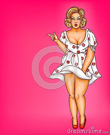 Vector fat, obese blonde pin up woman, pop art xxl, plus size model in white dress pointing a finger at discounts, sale Vector Illustration