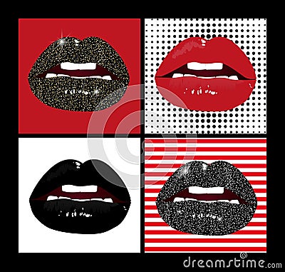 Vector female lips set. Fashion patches elements in pop art, retro style. Black, red, gold and silver. Vector Illustration