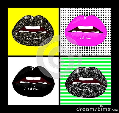 Vector female lips set. Fashion patches elements in pop art, retro style. Bright background and beautiful gloss lips of Vector Illustration