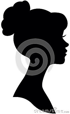 Vector female portrait of the bride with wedding hairstyle. Silhouette head in profile. Black isolated image on white background Vector Illustration