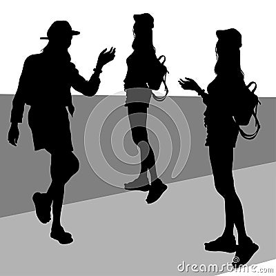 Vector female silhouettes of a young girl in wool and a mini skirt a tourist stands with a raised hand with an open palm, a woman Vector Illustration