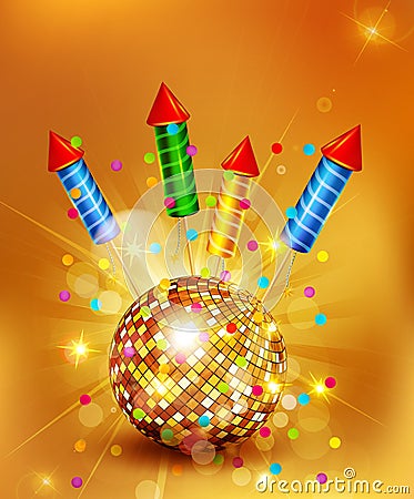 Vector festive background with glass disco ball and firecrackers Vector Illustration