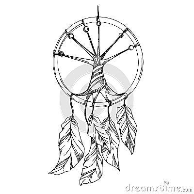 Vector Fether dreamcatcher. Black and white engraved ink art. Isolated dream catcher illustration element. Vector Illustration