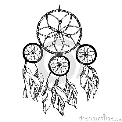 Vector Fether dreamcatcher. Black and white engraved ink art. Isolated dream catcher illustration element. Vector Illustration