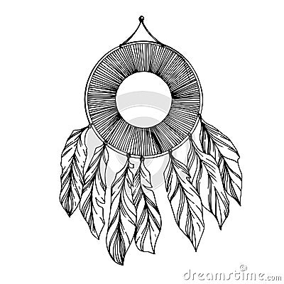 Vector Fether dreamcatcher. Black and white engraved ink art. Isolated dream catcher illustration element. Vector Illustration