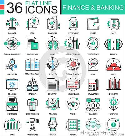 Vector Finance and banking modern color flat line outline icons for apps and web design. Vector Illustration