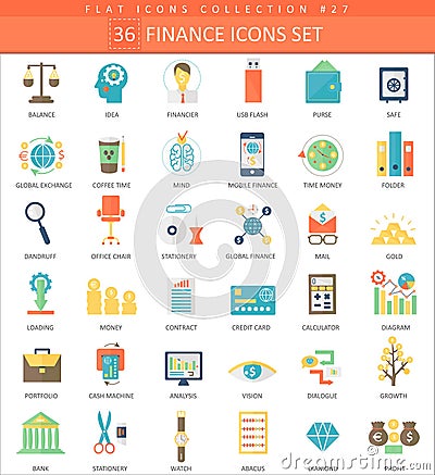 Vector Finance color flat icon set. Elegant style design. Vector Illustration