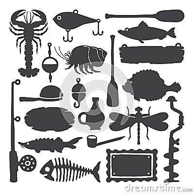 Vector fisherman monochrome handdrawn objects & items set Vector Illustration