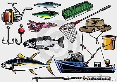 Fishing equipment in set Vector Illustration