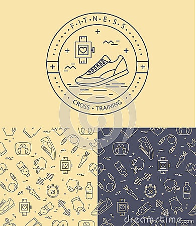 Vector fitness badge and seamless pattern set Vector Illustration