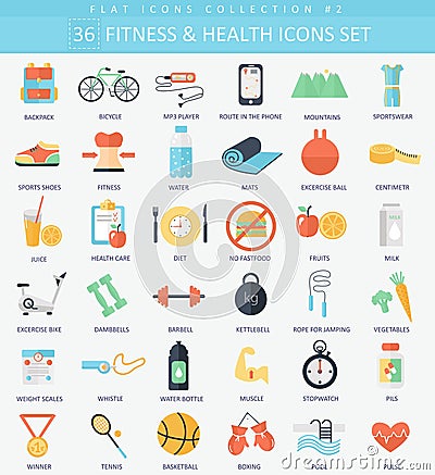 Vector fitness and health Flat icon set. Elegant style design Vector Illustration