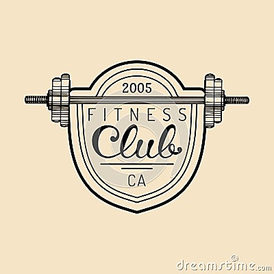 Vector fitness logo. Hand sketched athletic barbell illustration. Gym emblem, badge, sports complex sign, club icon. Vector Illustration