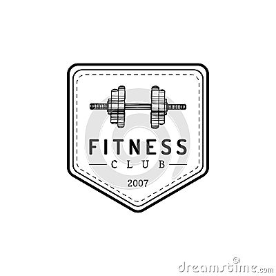 Vector fitness logo. Hand sketched athletic barbell illustration. Gym emblem, badge, sports complex sign, club icon. Vector Illustration