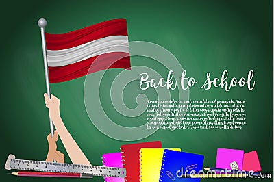 Vector flag of austria on Black chalkboard background. Education Background with Hands Holding Up of austria flag. Back to school Vector Illustration