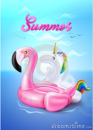 Vector flamingo, unicorn inflatable ring on beach Vector Illustration