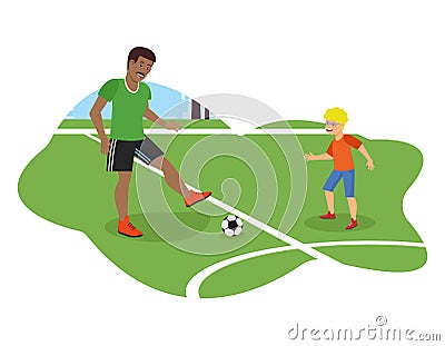 Vector Flat African American Dad Plays Football. Vector Illustration