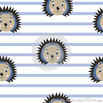 Vector flat animals colorful illustration for kids. Seamless pattern with cute hedgehog face on white striped background. Adorable Vector Illustration