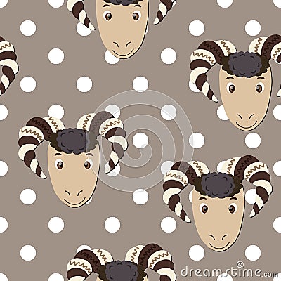 Vector flat animals colorful illustration for kids. Seamless pattern with ram face on beige polka dots background. Cute sheep. Vector Illustration