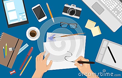 Vector flat artistic workplace with drawing supplies, camera and laptop - top view on blue background Vector Illustration