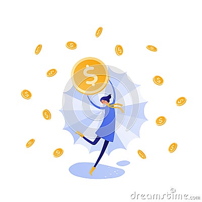 Vector flat autumn sale people illustration. Female with umbrella and dollar coin dancing in money rain isolated on white Vector Illustration